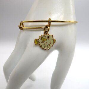 Alex Ani Bracelet Gold Tone Bangle Puffer Fish USA Charms Adjustable